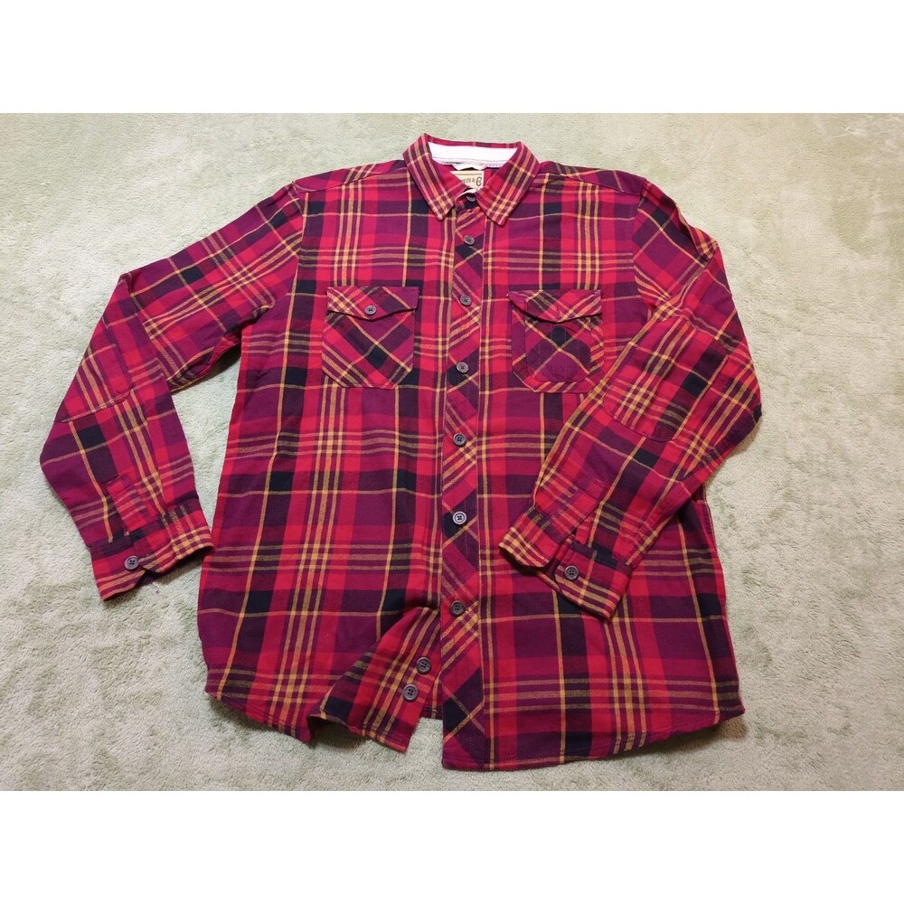 Vtg Roebuck & Co Men L Flannel Shirt Red Plaid Long Sleeve 100% Cotton Grunge